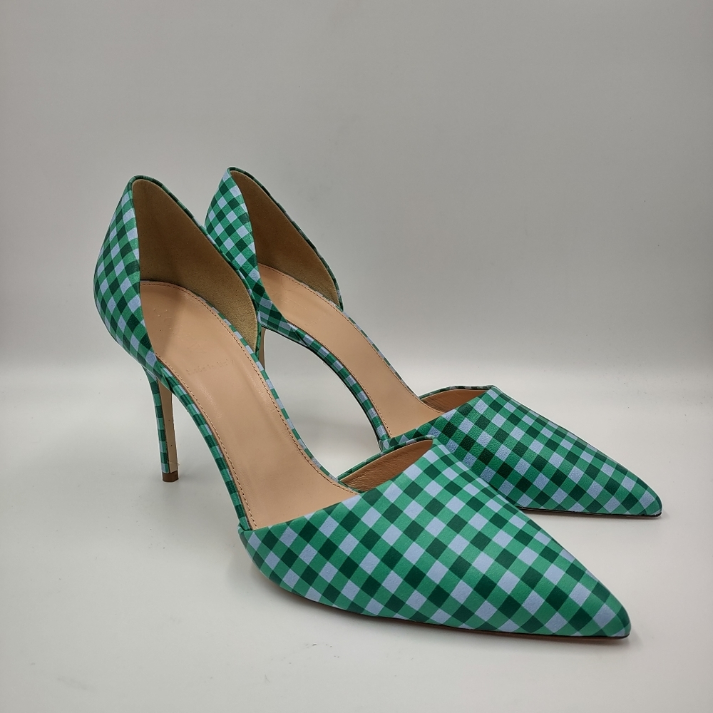J. Crew Leather Green Blue Plaid Pointed Toe d'orsay Heels Size 12